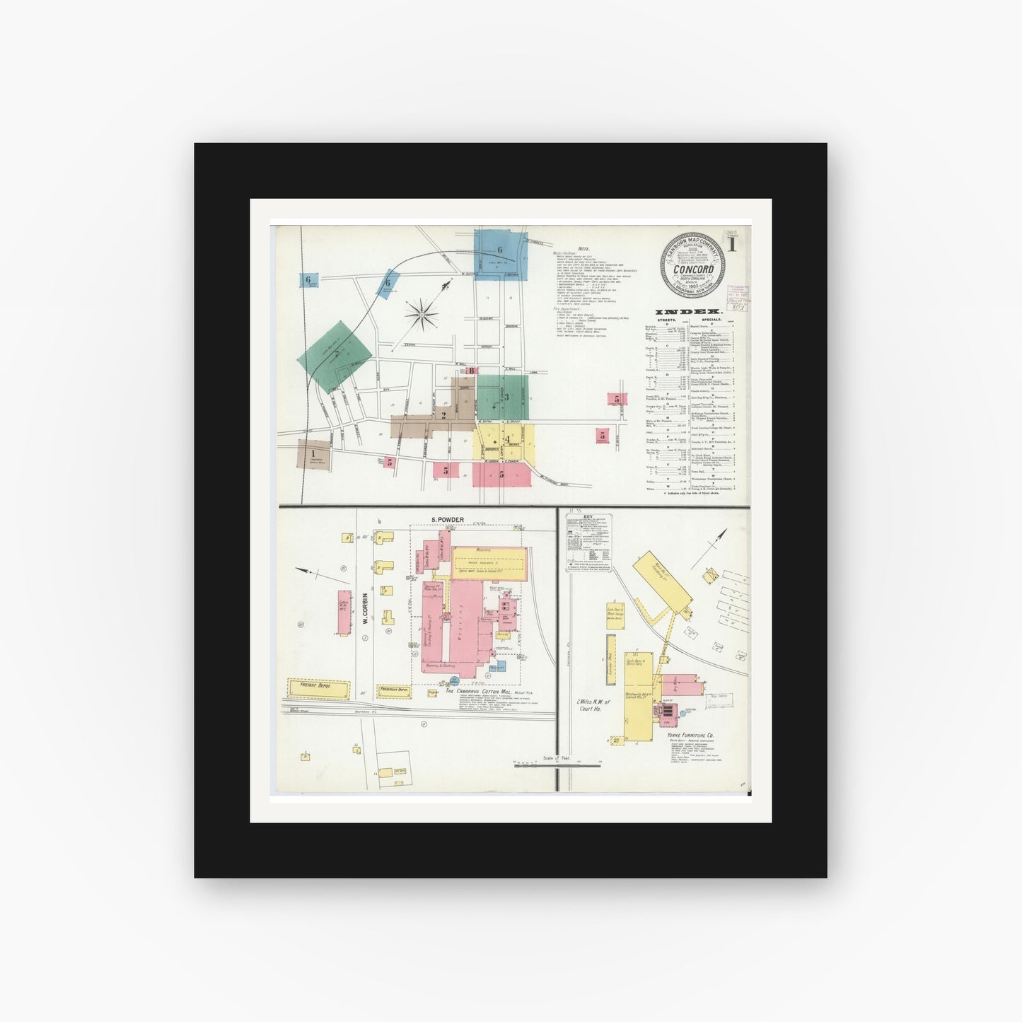 Old map wall art mockup — black gallery frame with white mat — Sanborn Fire Insurance Map from Concord, Cabarrus County, North Carolina (1902) - Complete Map Set