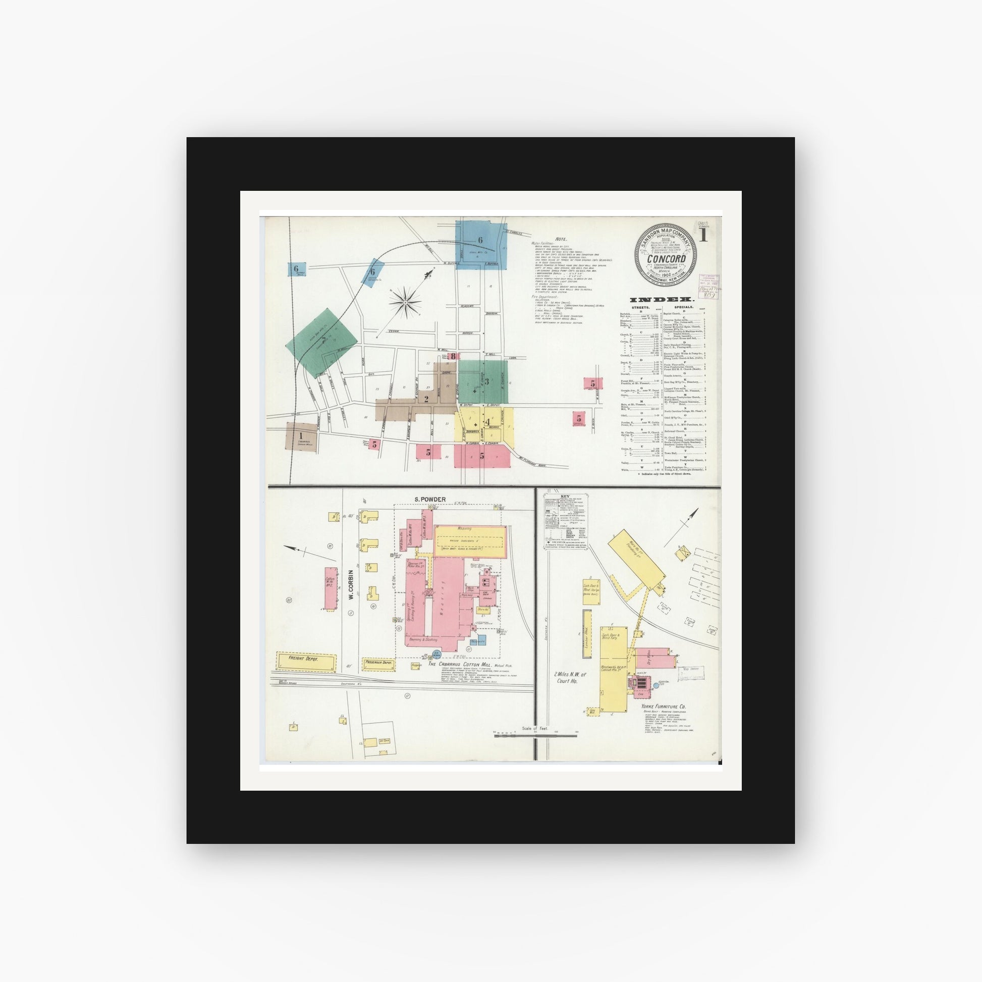 Old map wall art mockup — black gallery frame with white mat — Sanborn Fire Insurance Map from Concord, Cabarrus County, North Carolina (1902) - Complete Map Set
