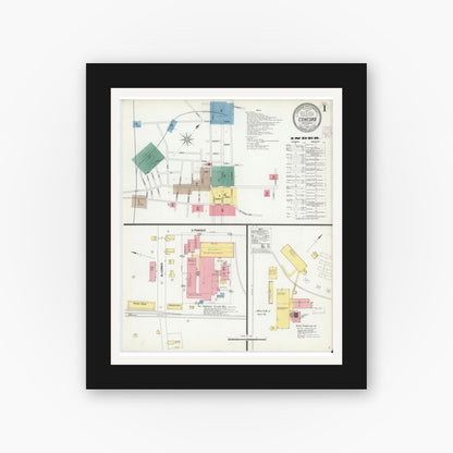 Old map wall art mockup — black gallery frame with white mat — Sanborn Fire Insurance Map from Concord, Cabarrus County, North Carolina (1902) - Complete Map Set