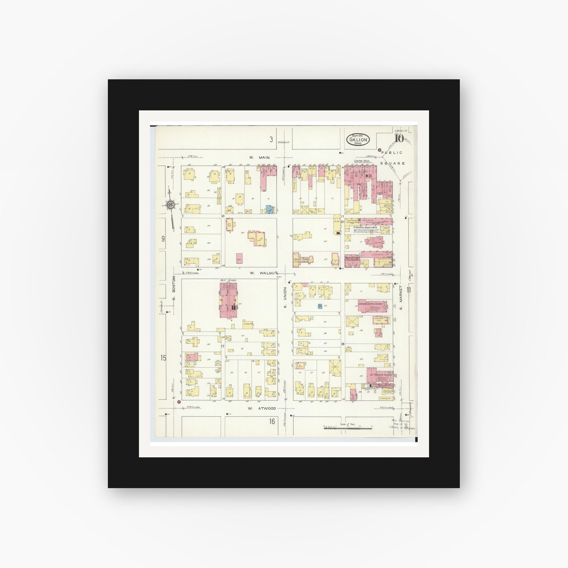 Old map wall art mockup — black gallery frame with white mat — Sanborn Fire Insurance Map from Galion, Crawford County, Ohio (1913), Sheet #0010
