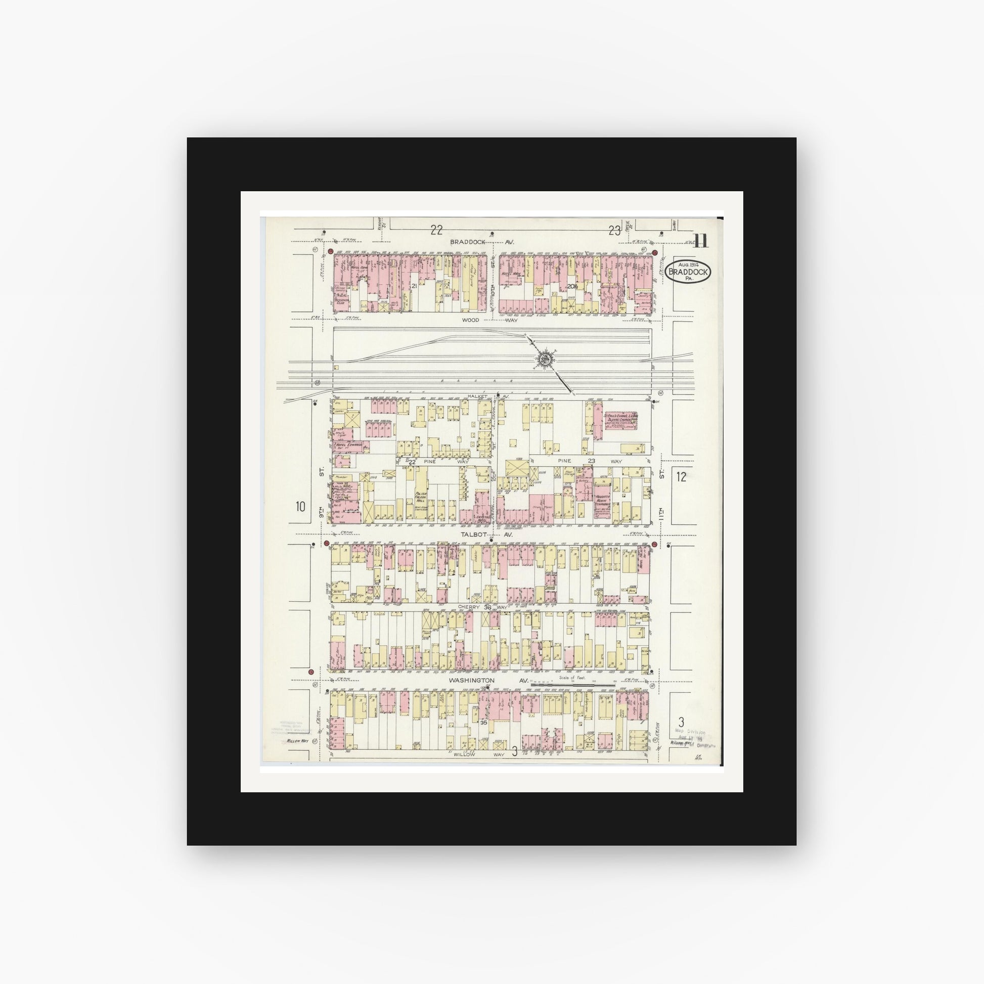 Old map wall art mockup — black gallery frame with white mat — Sanborn Fire Insurance Map from Braddock, Allegheny County, Pennsylvania (1914), Sheet #0011