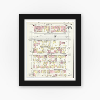 Old map wall art mockup — black gallery frame with white mat — Sanborn Fire Insurance Map from Braddock, Allegheny County, Pennsylvania (1914), Sheet #0011