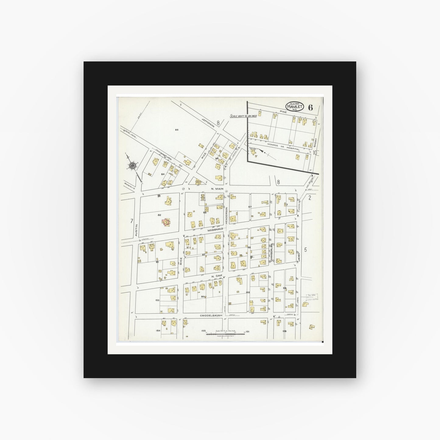 Old map wall art mockup — black gallery frame with white mat — Sanborn Fire Insurance Map from Hamlet, Richmond County, North Carolina (1920), Sheet #0006