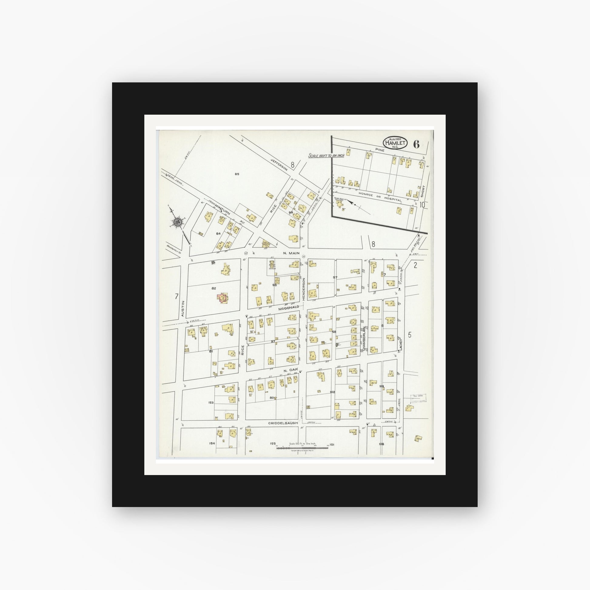 Old map wall art mockup — black gallery frame with white mat — Sanborn Fire Insurance Map from Hamlet, Richmond County, North Carolina (1920), Sheet #0006