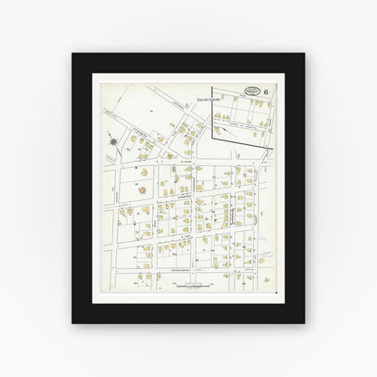 Old map wall art mockup — black gallery frame with white mat — Sanborn Fire Insurance Map from Hamlet, Richmond County, North Carolina (1920), Sheet #0006