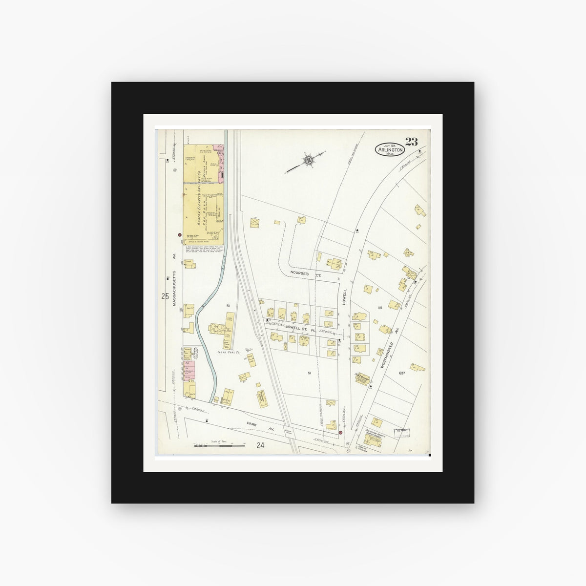 Old map wall art mockup — black gallery frame with white mat — Sanborn Fire Insurance Map from Arlington, Middlesex County, Massachusetts (1914), Sheet #0023