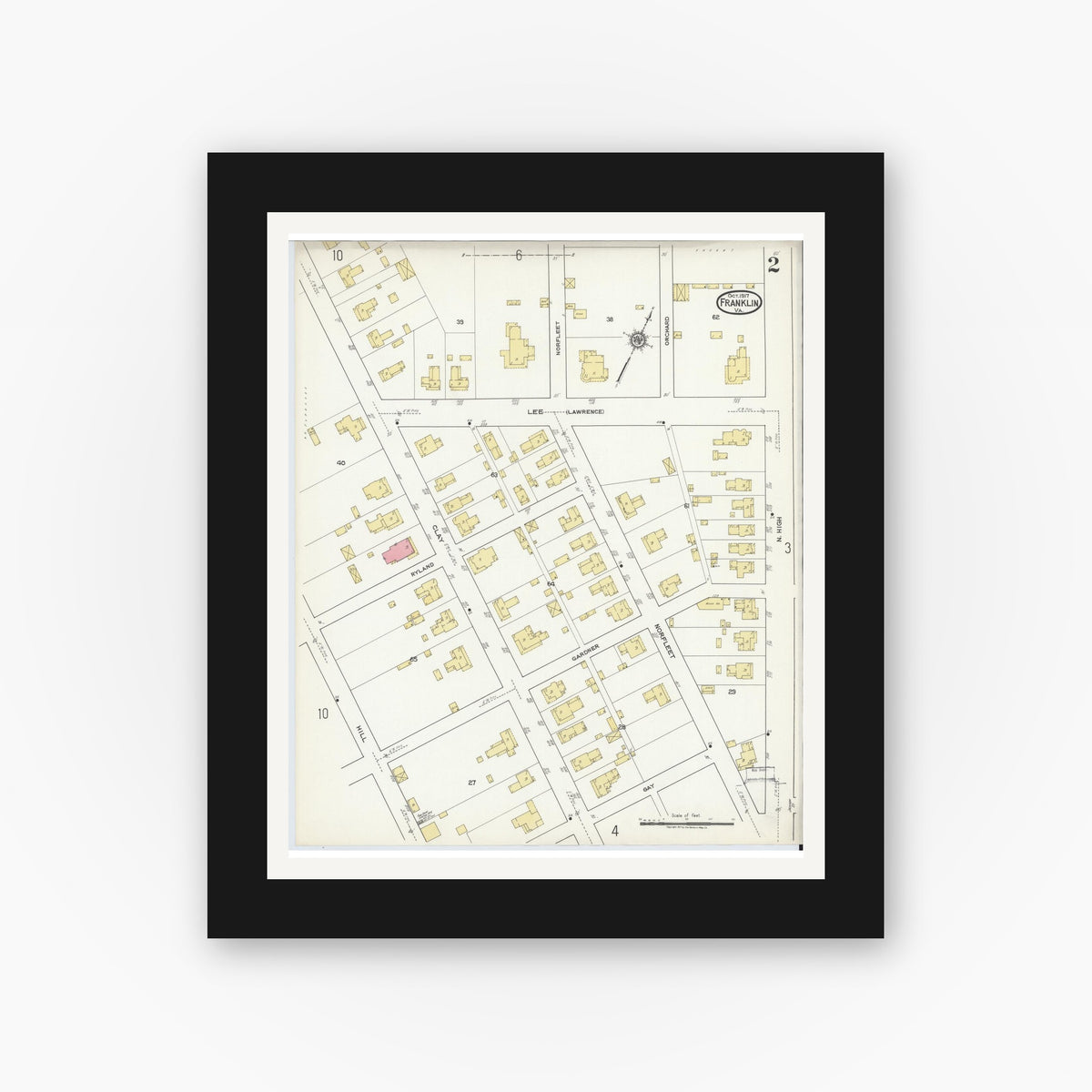 Old map wall art mockup — black gallery frame with white mat — Sanborn Fire Insurance Map from Franklin, Independent Cities, Virginia (1917), Sheet #0002