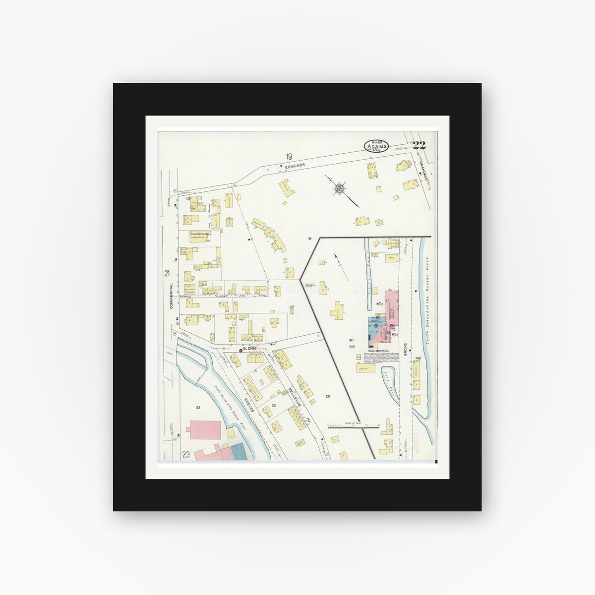 Old map wall art mockup — black gallery frame with white mat — Sanborn Fire Insurance Map from Adams, Berkshire County, Massachusetts (1914), Sheet #0022