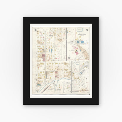 Old map wall art mockup — black gallery frame with white mat — Sanborn Fire Insurance Map from Petersburg, Menard County, Illinois (1943), Sheet #0006