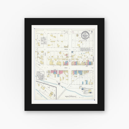 Old map wall art mockup — black gallery frame with white mat — Sanborn Fire Insurance Map from Prescott, Pierce County, Wisconsin (1912) - Complete Map Set