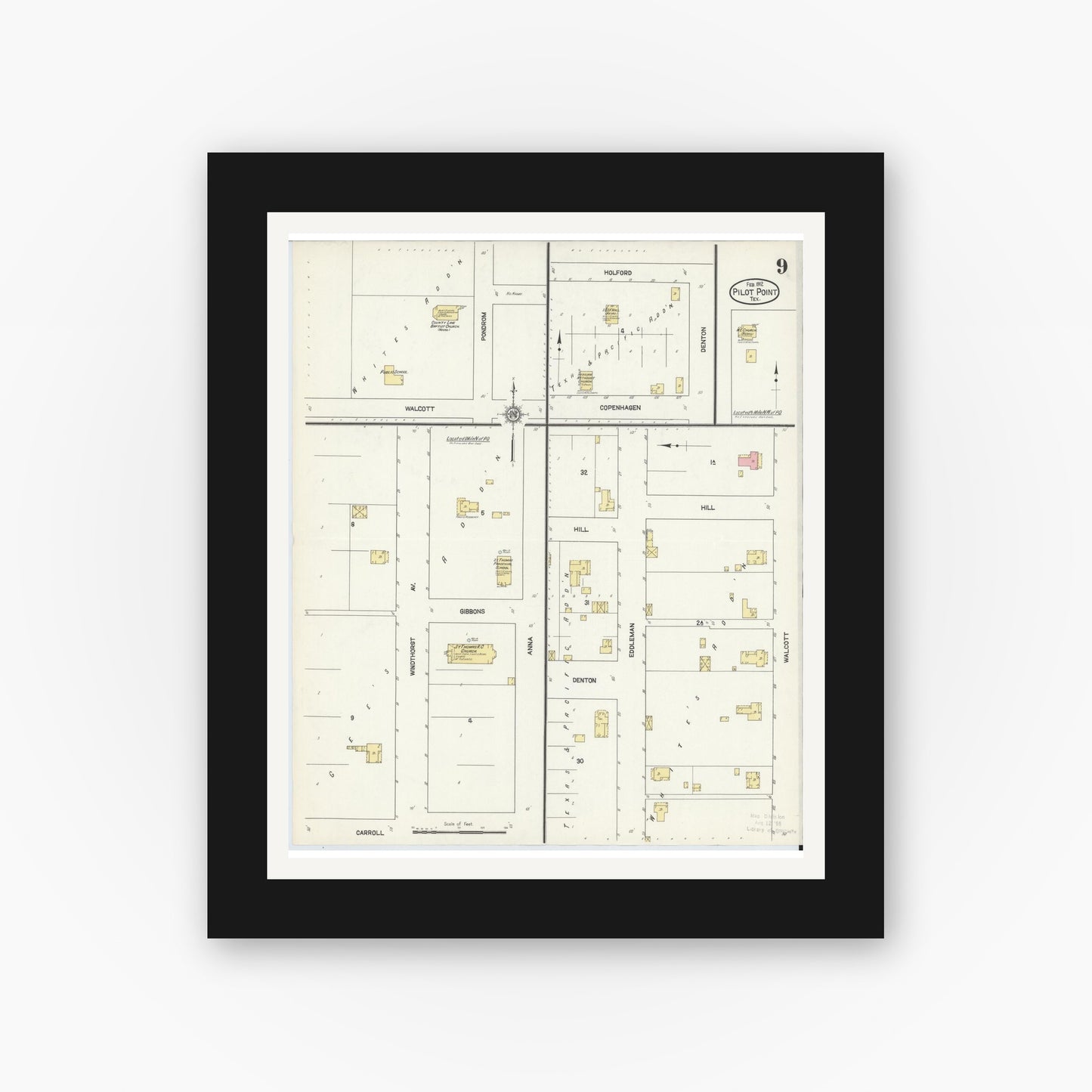 Old map wall art mockup — black gallery frame with white mat — Sanborn Fire Insurance Map from Pilot Point, Denton County, Texas (1912), Sheet #0009