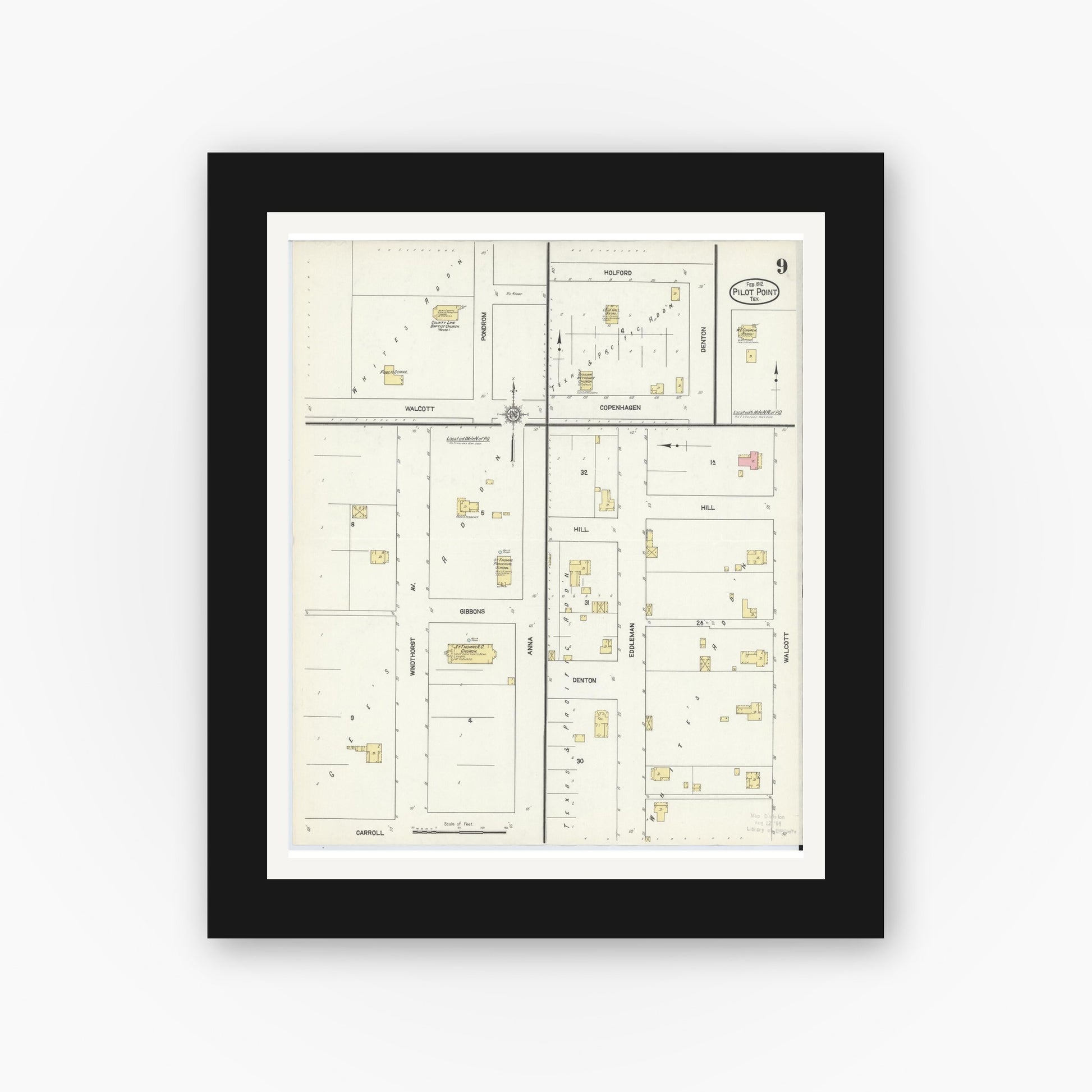 Old map wall art mockup — black gallery frame with white mat — Sanborn Fire Insurance Map from Pilot Point, Denton County, Texas (1912), Sheet #0009