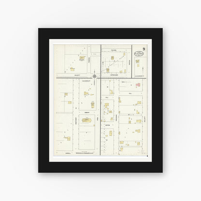 Old map wall art mockup — black gallery frame with white mat — Sanborn Fire Insurance Map from Pilot Point, Denton County, Texas (1912), Sheet #0009