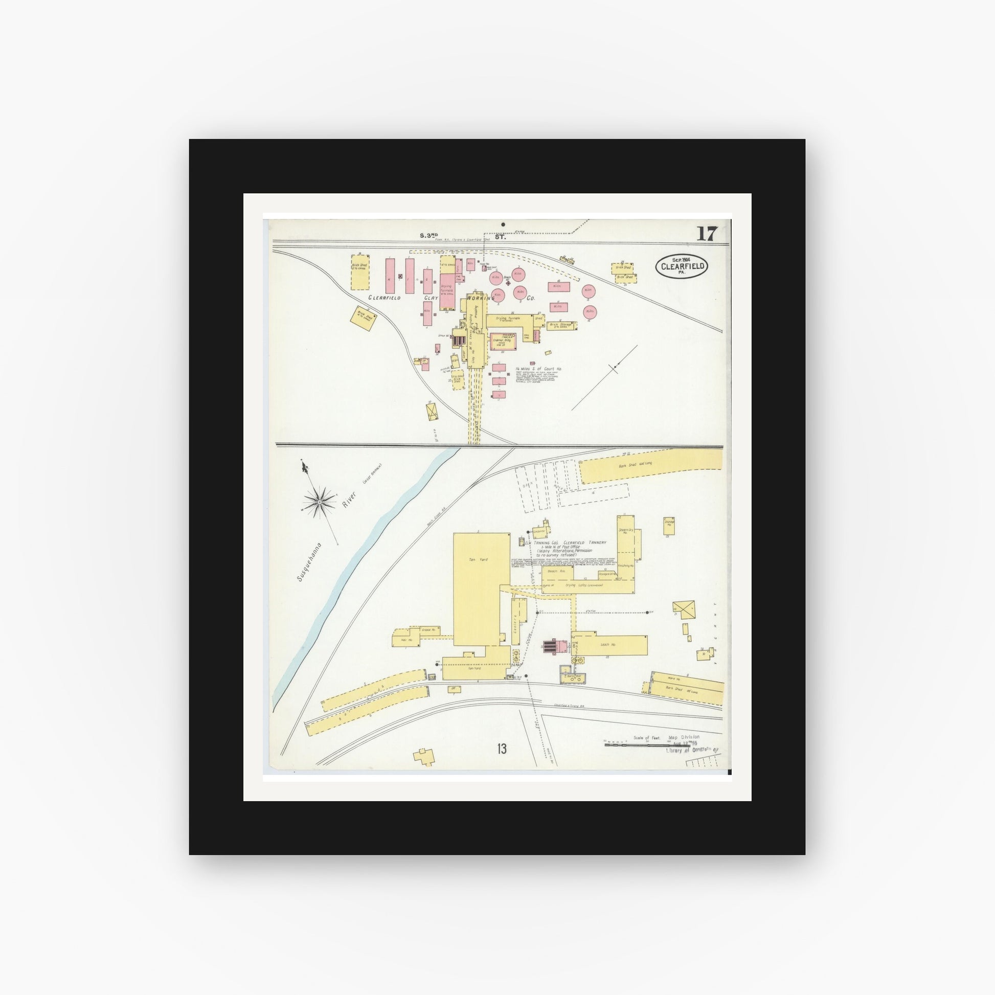Old map wall art mockup — black gallery frame with white mat — Sanborn Fire Insurance Map from Clearfield, Clearfield County, Pennsylvania (1904), Sheet #0017