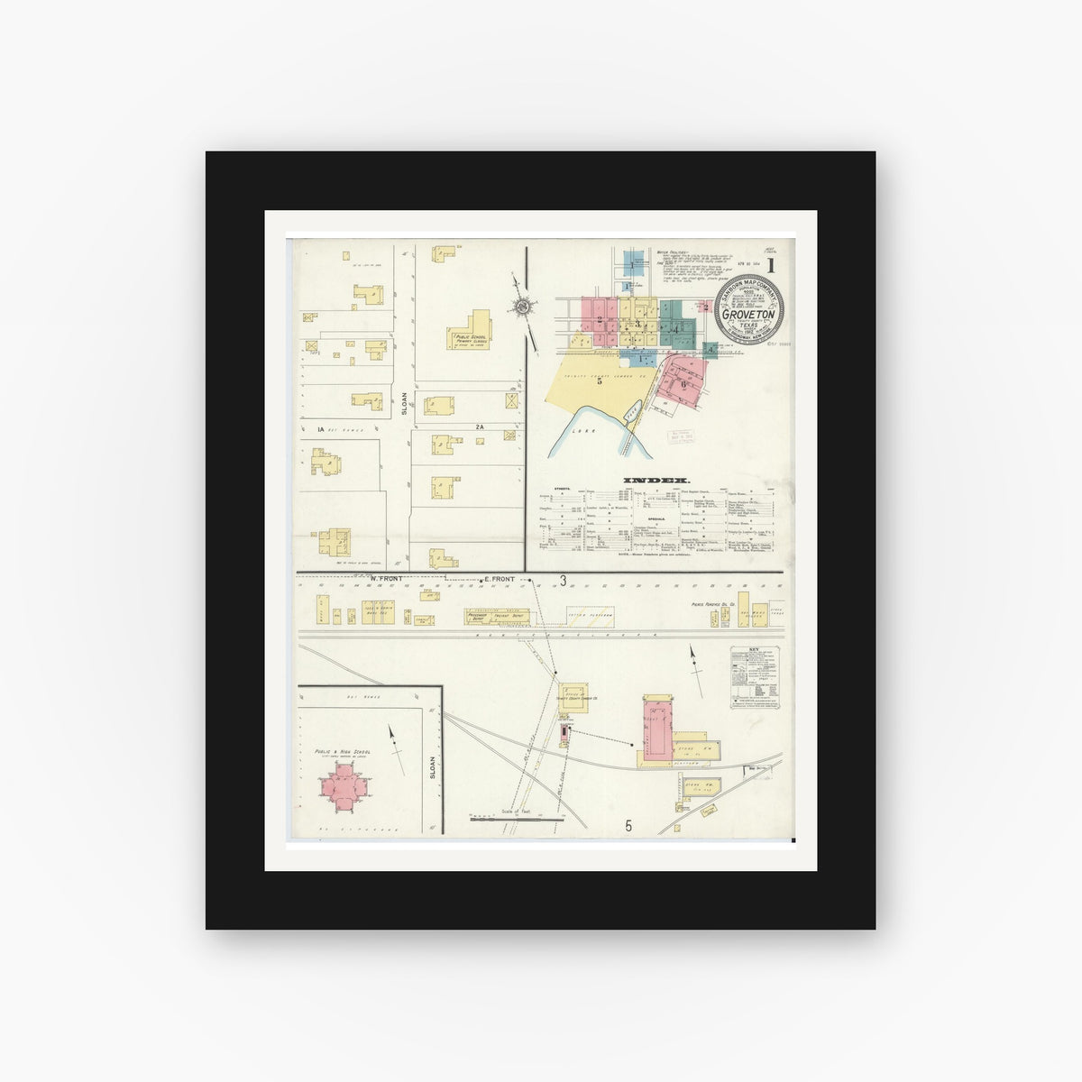 Old map wall art mockup — black gallery frame with white mat — Sanborn Fire Insurance Map from Groveton, Trinity County, Texas (1912) - Complete Map Set
