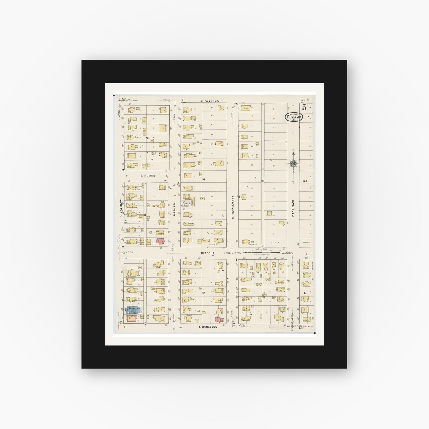 Old map wall art mockup — black gallery frame with white mat — Sanborn Fire Insurance Map from Durand, Shiawassee County, Michigan (1922), Sheet #0005