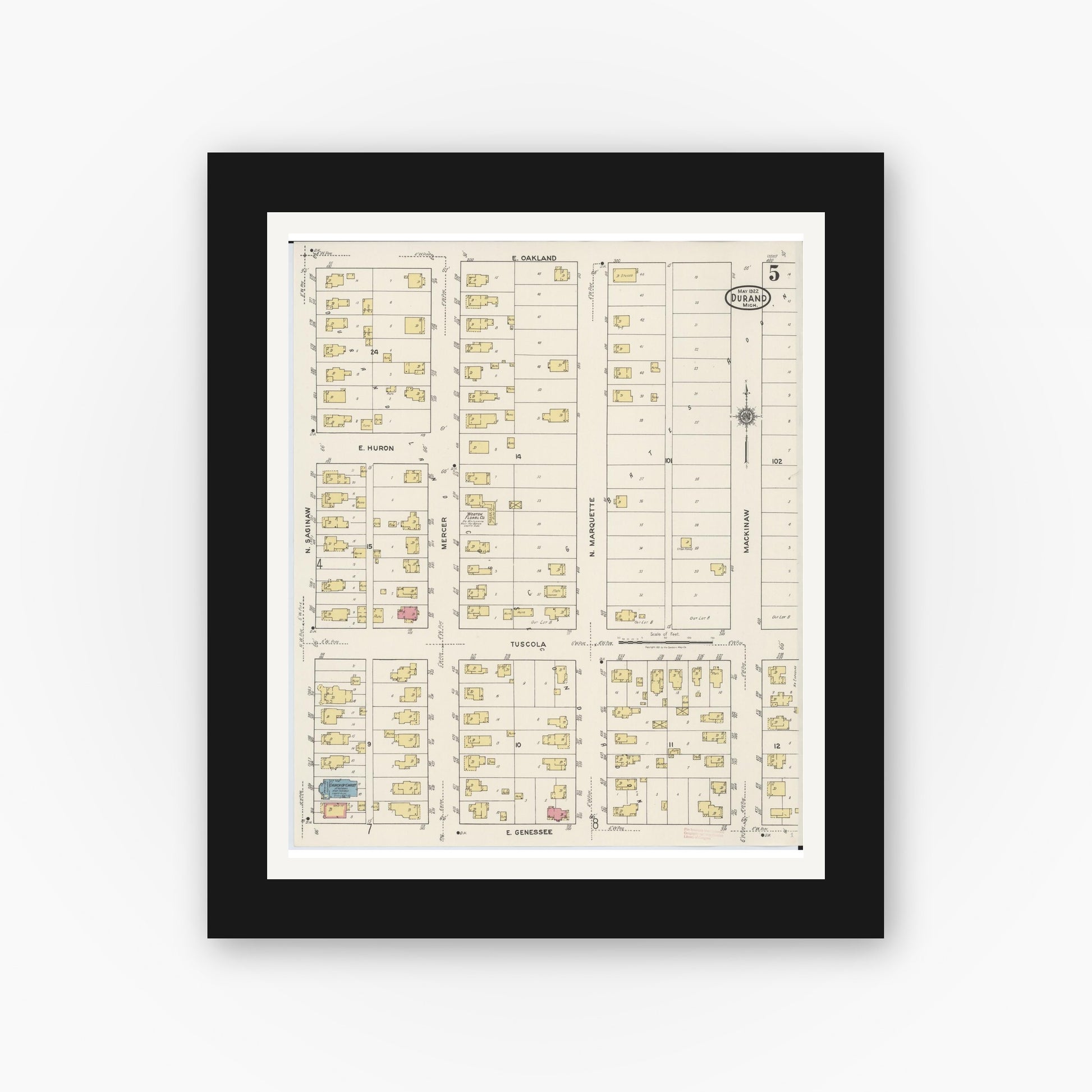 Old map wall art mockup — black gallery frame with white mat — Sanborn Fire Insurance Map from Durand, Shiawassee County, Michigan (1922), Sheet #0005