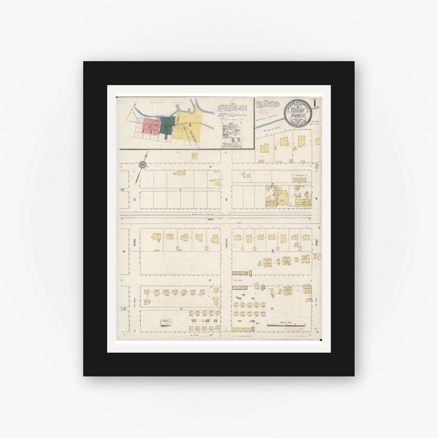 Old map wall art mockup — black gallery frame with white mat — Sanborn Fire Insurance Map from Kahului, Maui County, Hawaii (1914) - Complete Map Set