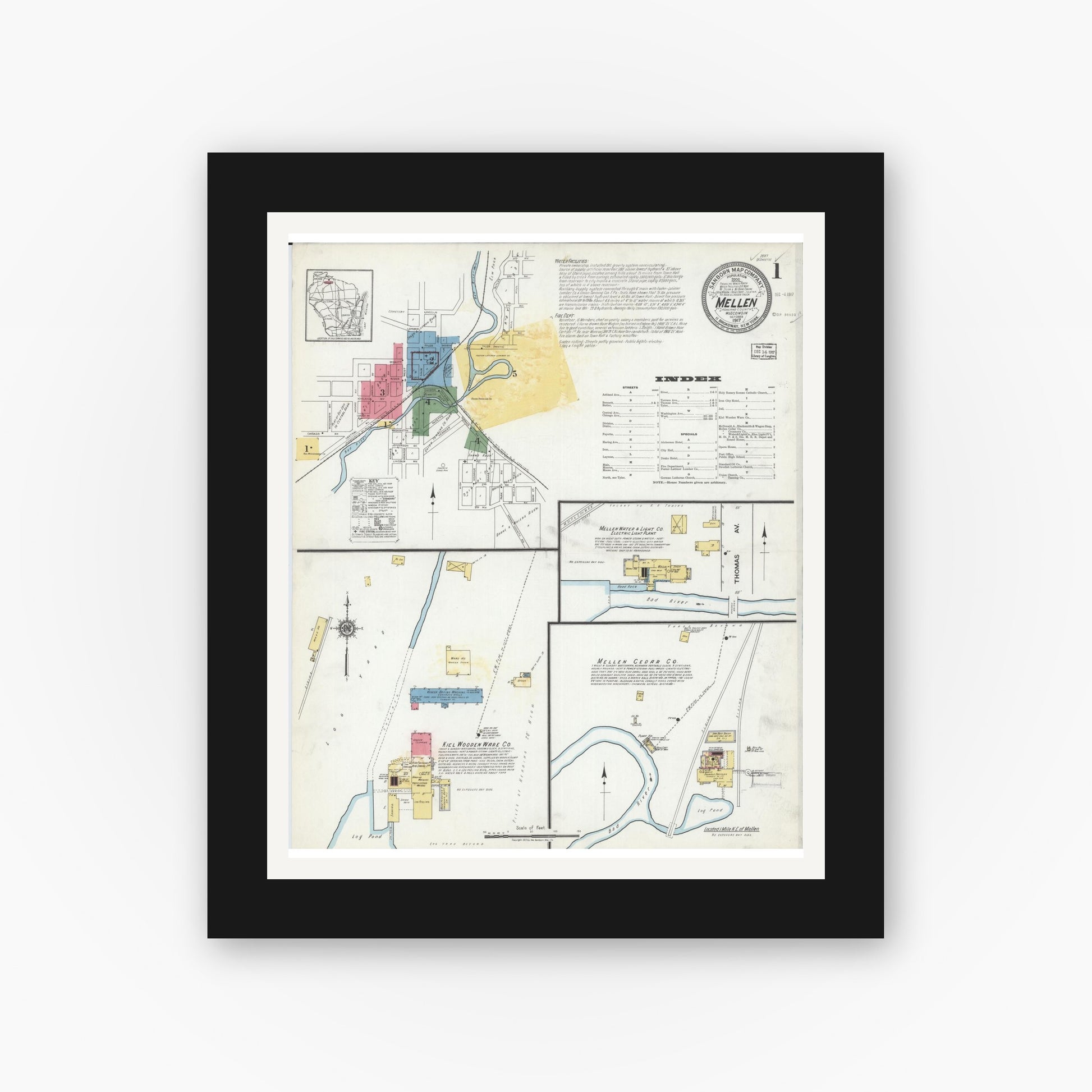Old map wall art mockup — black gallery frame with white mat — Sanborn Fire Insurance Map from Mellen, Ashland County, Wisconsin (1917) - Complete Map Set