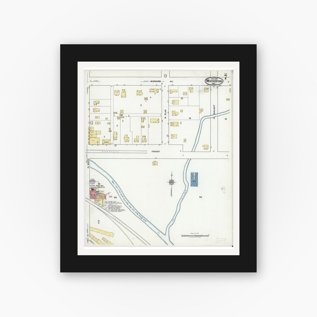 Old map wall art mockup — black gallery frame with white mat — Sanborn Fire Insurance Map from Weatherford, Parker County, Texas (1921), Sheet #0007