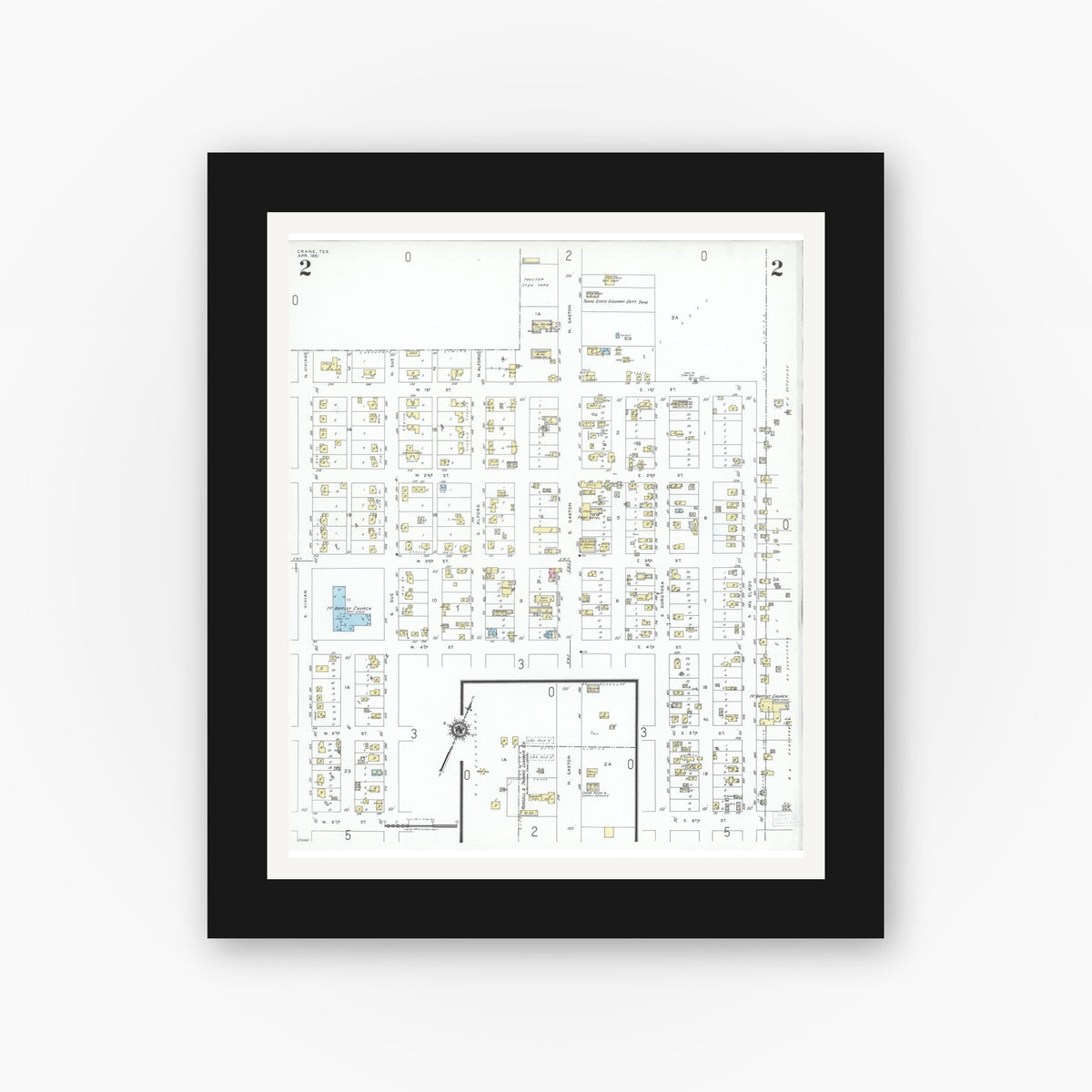 Old map wall art mockup — black gallery frame with white mat — Sanborn Fire Insurance Map from Crane, Crane County, Texas (1951), Sheet #0002