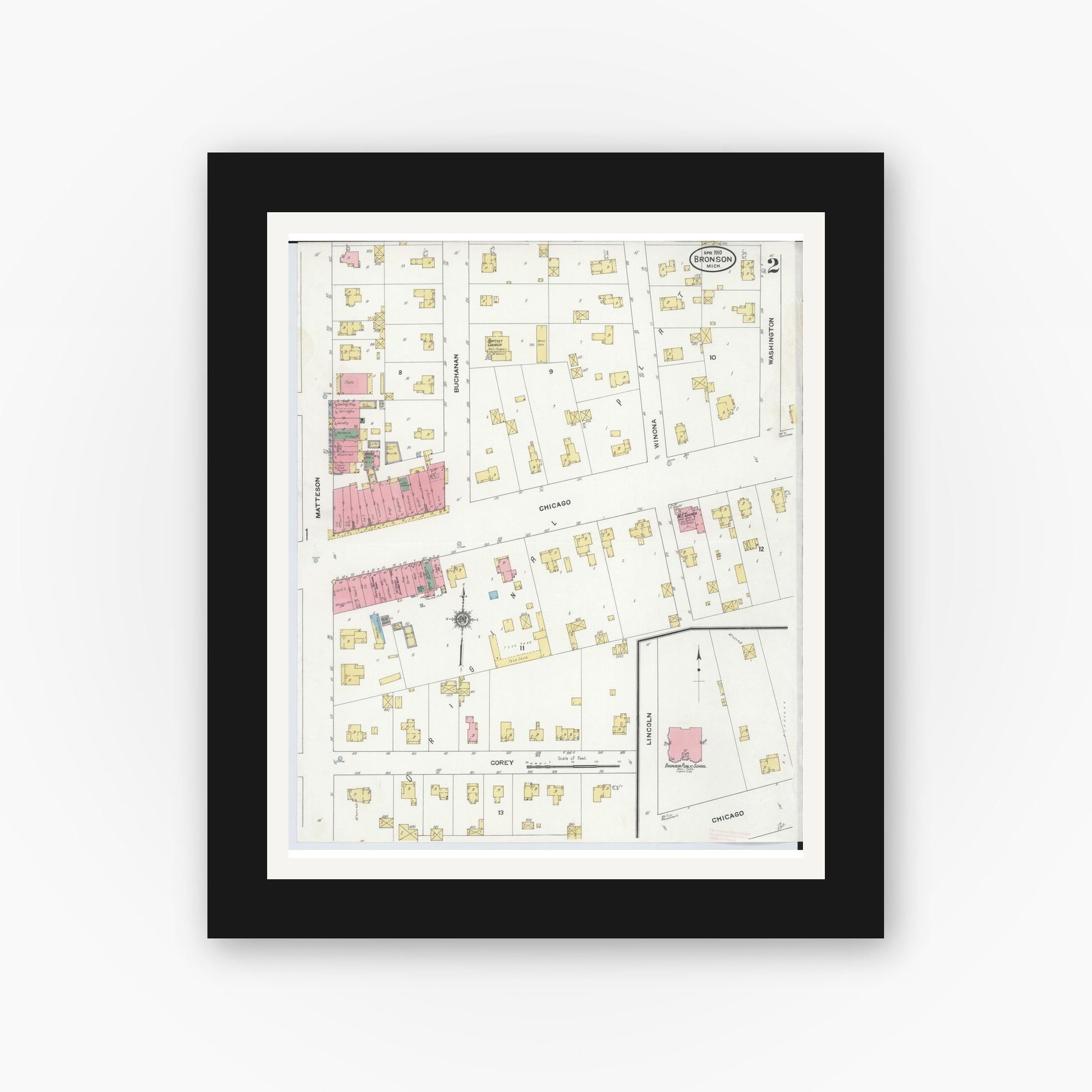 Old map wall art mockup — black gallery frame with white mat — Sanborn Fire Insurance Map from Bronson, Branch  County, Michigan (1910), Sheet #0002