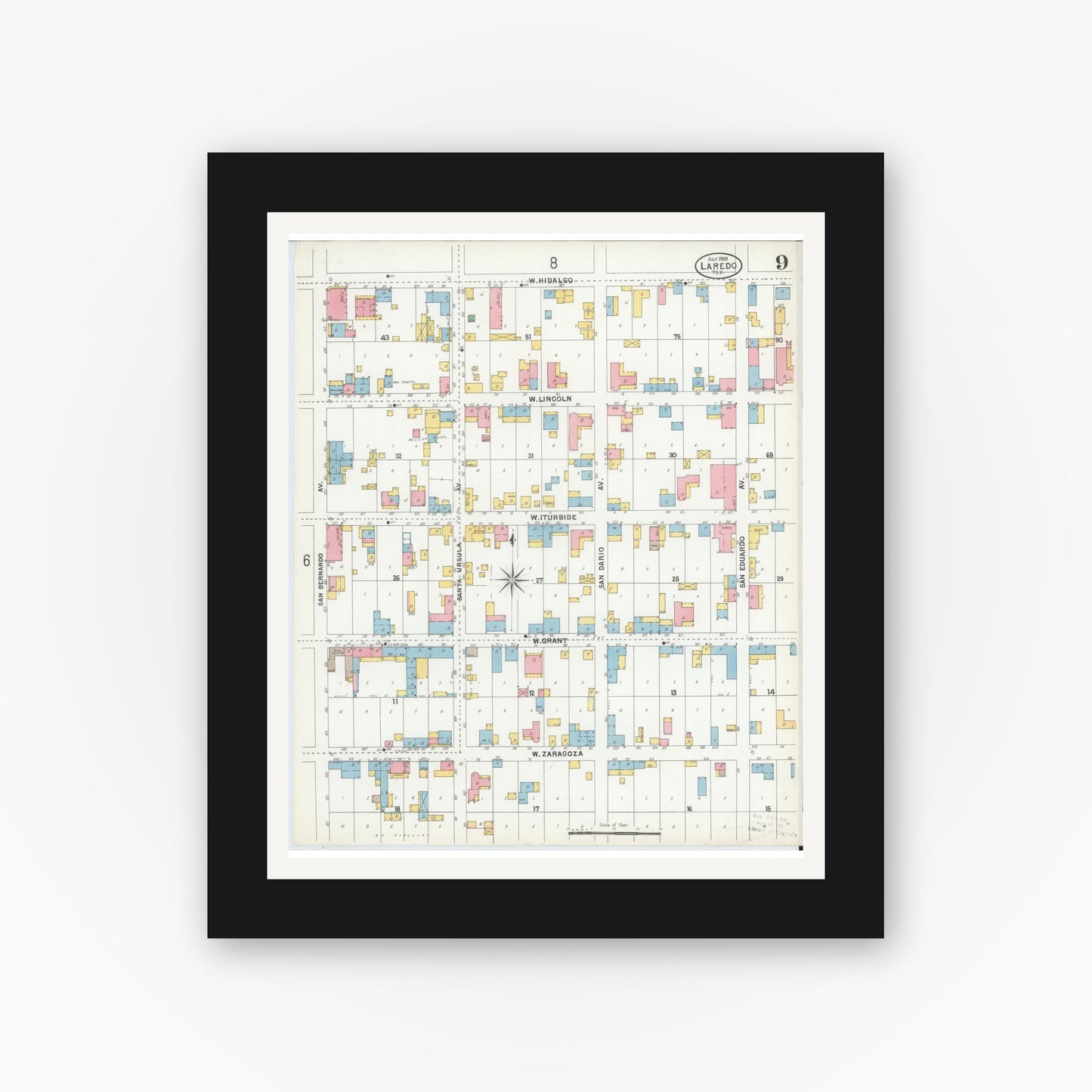 Old map wall art mockup — black gallery frame with white mat — Sanborn Fire Insurance Map from Laredo, Webb County, Texas (1900), Sheet #0009