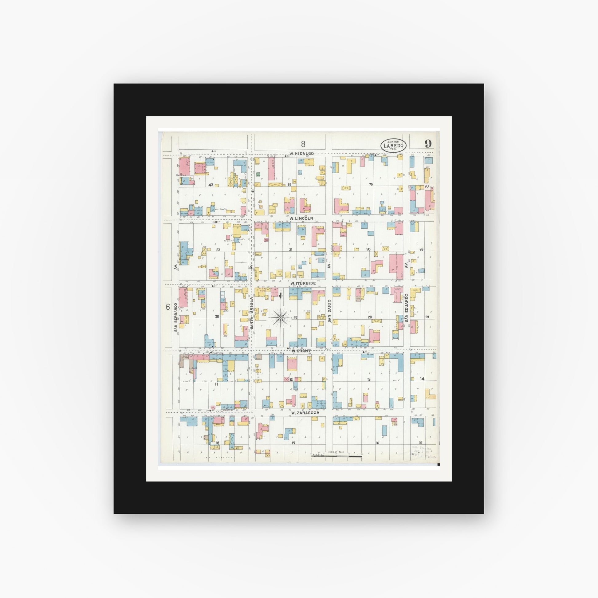 Old map wall art mockup — black gallery frame with white mat — Sanborn Fire Insurance Map from Laredo, Webb County, Texas (1900), Sheet #0009