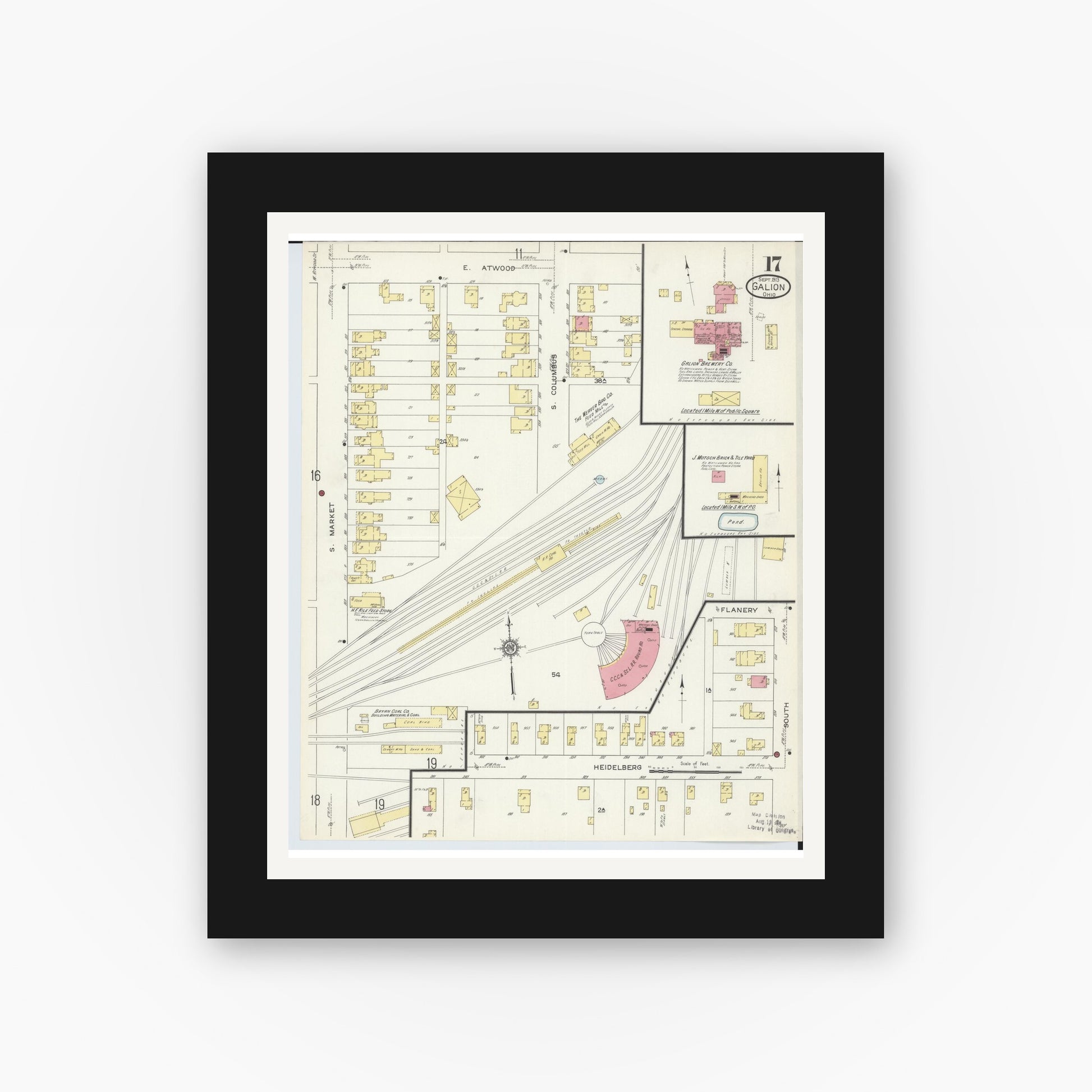 Old map wall art mockup — black gallery frame with white mat — Sanborn Fire Insurance Map from Galion, Crawford County, Ohio (1913), Sheet #0017