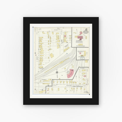 Old map wall art mockup — black gallery frame with white mat — Sanborn Fire Insurance Map from Galion, Crawford County, Ohio (1913), Sheet #0017