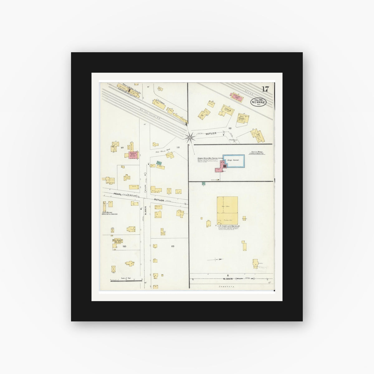 Old map wall art mockup — black gallery frame with white mat — Sanborn Fire Insurance Map from Newark, Wayne County, New York (1906), Sheet #0017