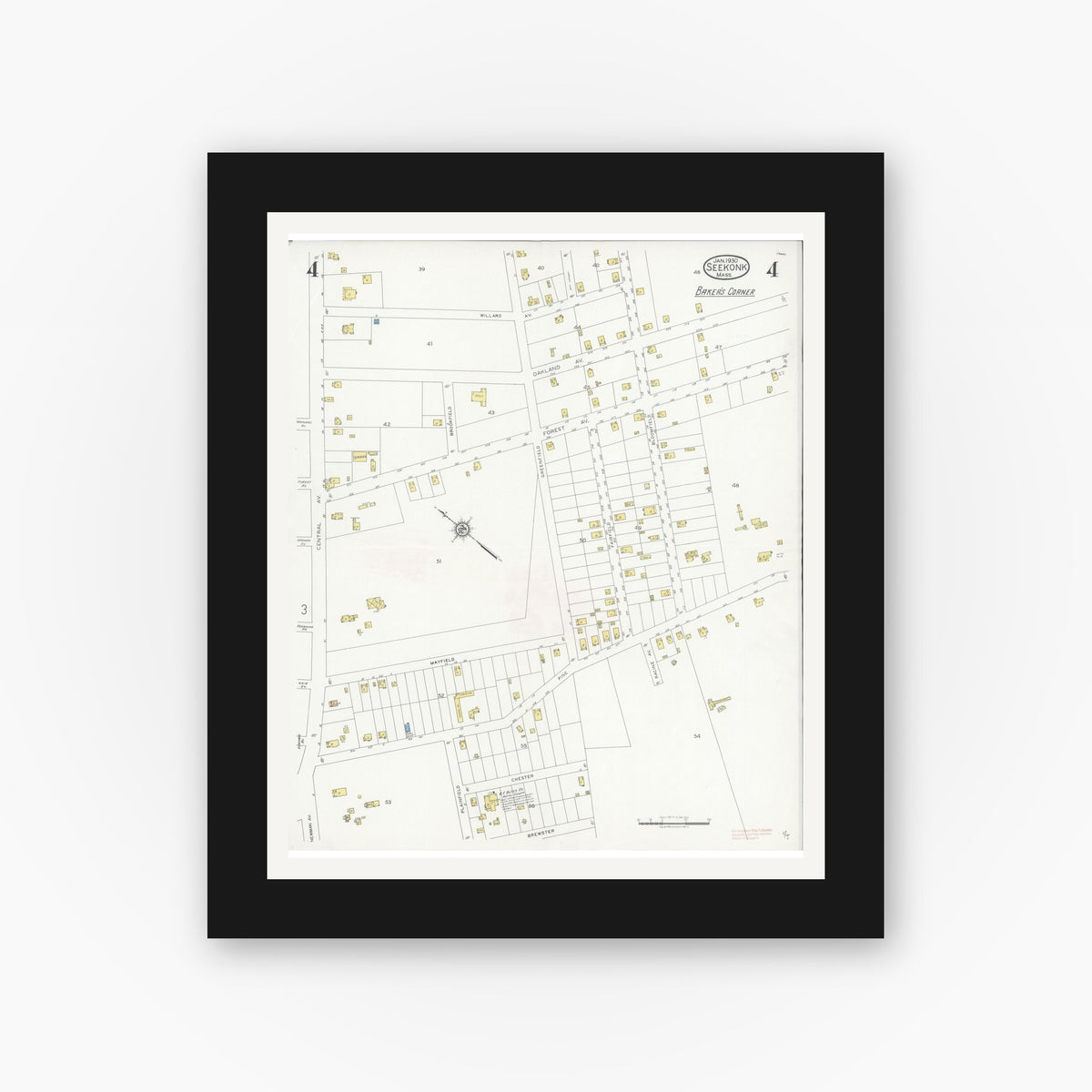 Old map wall art mockup — black gallery frame with white mat — Sanborn Fire Insurance Map from Seekonk, Bristol County, Massachusetts (1930), Sheet #0004