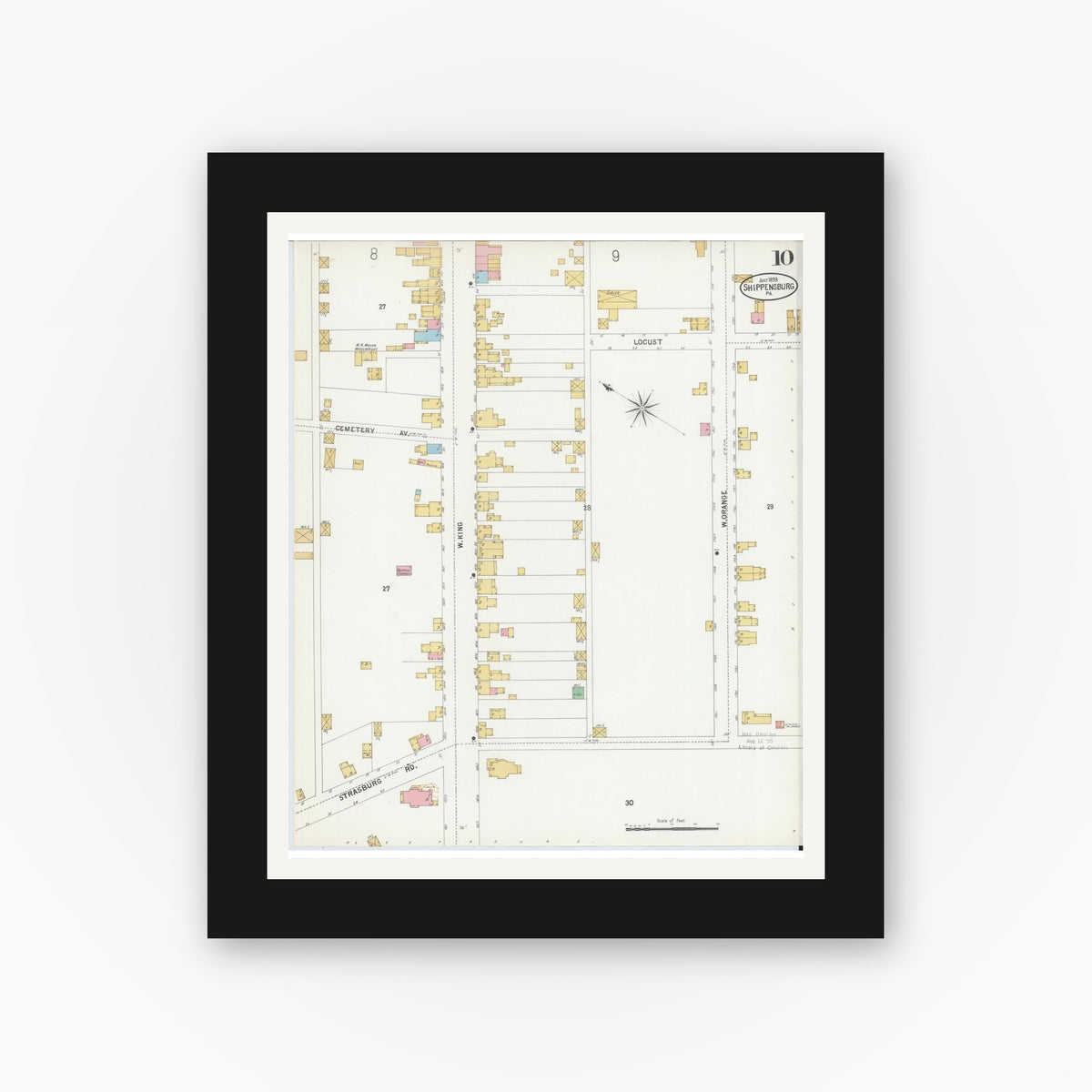 Old map wall art mockup — black gallery frame with white mat — Sanborn Fire Insurance Map from Shippensburg, Cumberland And Franklin Counties, Pennsylvania (1899), Sheet #0010