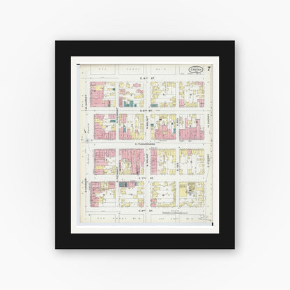 Old map wall art mockup — black gallery frame with white mat — Sanborn Fire Insurance Map from Canton, Stark County, Ohio (1891), Sheet #0007