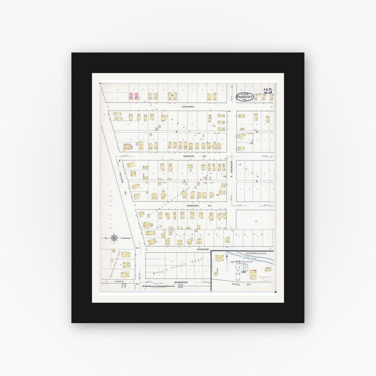 Old map wall art mockup — black gallery frame with white mat — Sanborn Fire Insurance Map from Freeport, Stephenson County, Illinois (1918), Sheet #0025