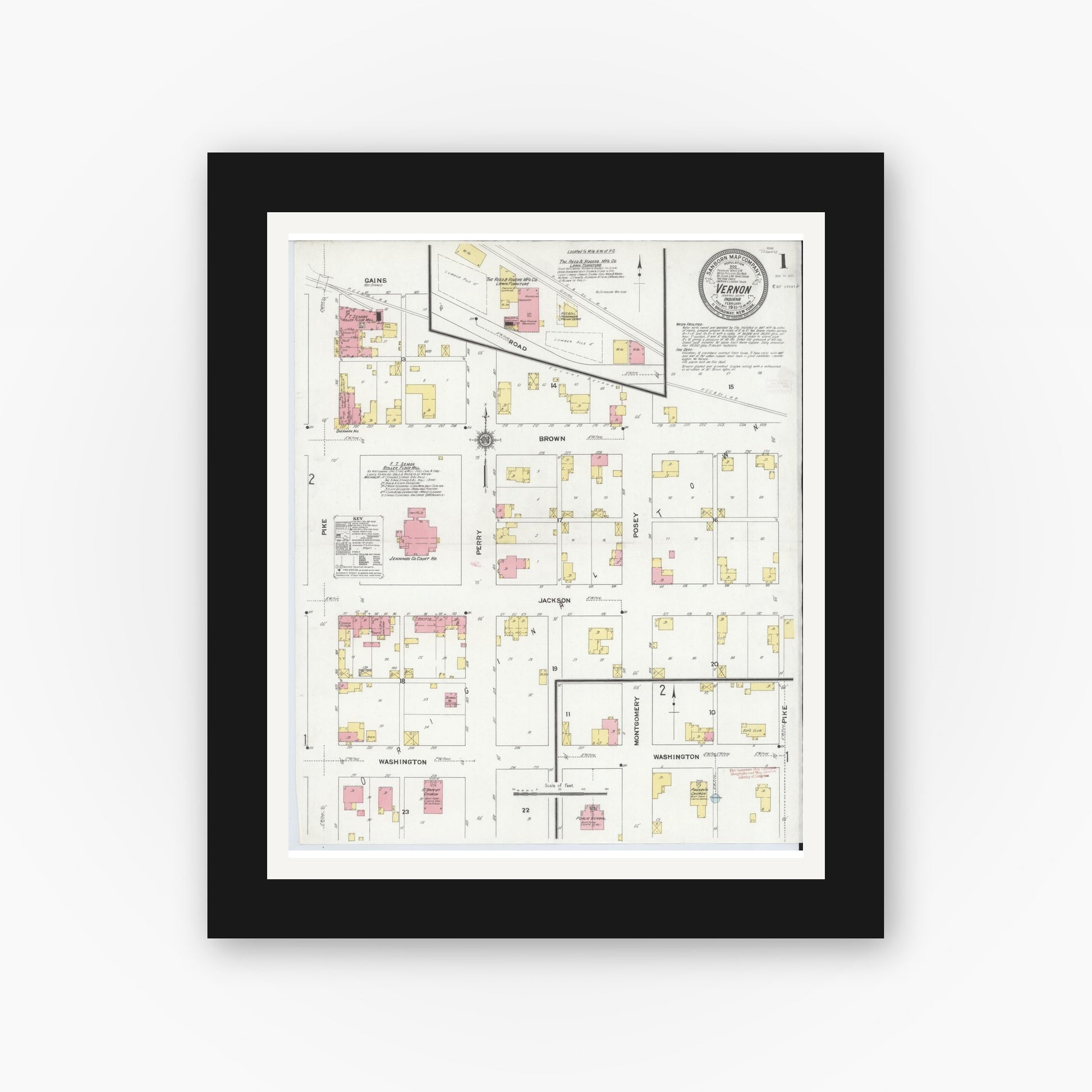 Old map wall art mockup — black gallery frame with white mat — Sanborn Fire Insurance Map from Vernon, Jennings County, Indiana (1911), Sheet #0001
