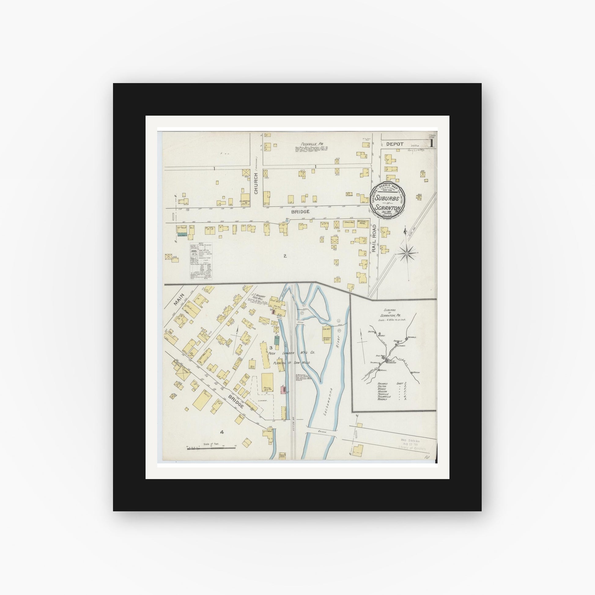 Old map wall art mockup — black gallery frame with white mat — Sanborn Fire Insurance Map from Scranton Suburbs, Lackawanna County, Pennsylvania (1893) - Complete Map Set