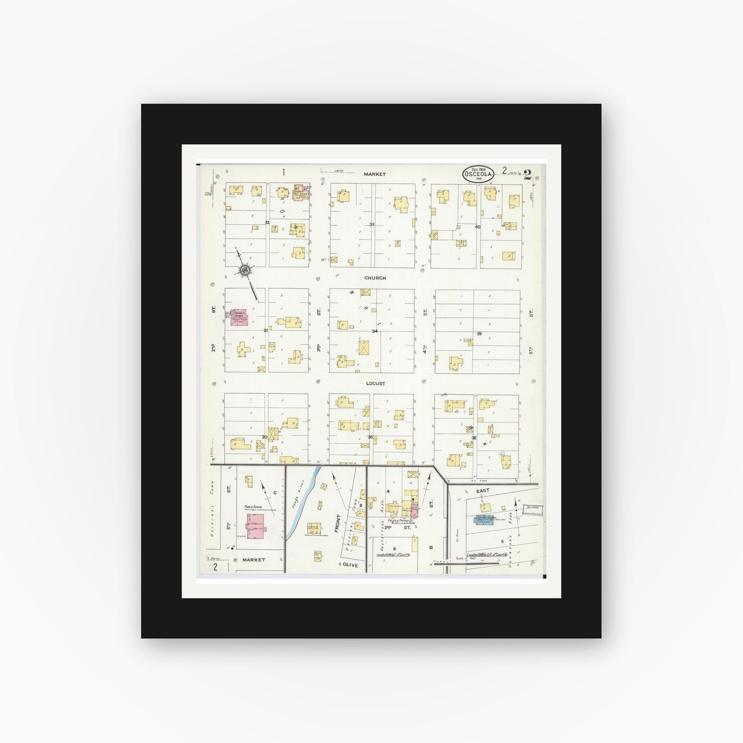 Old map wall art mockup — black gallery frame with white mat — Sanborn Fire Insurance Map from Osceola, Saint Clair County, Missouri (1909), Sheet #0002