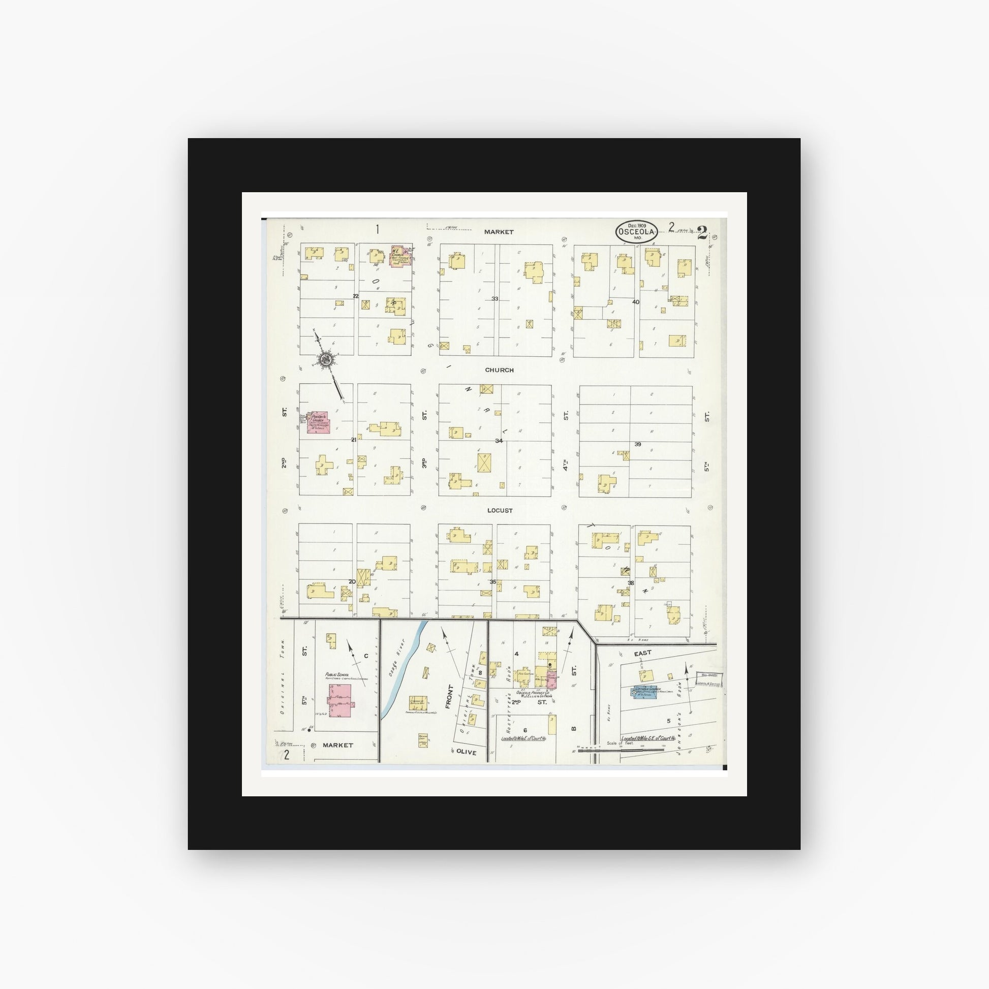 Old map wall art mockup — black gallery frame with white mat — Sanborn Fire Insurance Map from Osceola, Saint Clair County, Missouri (1909), Sheet #0002