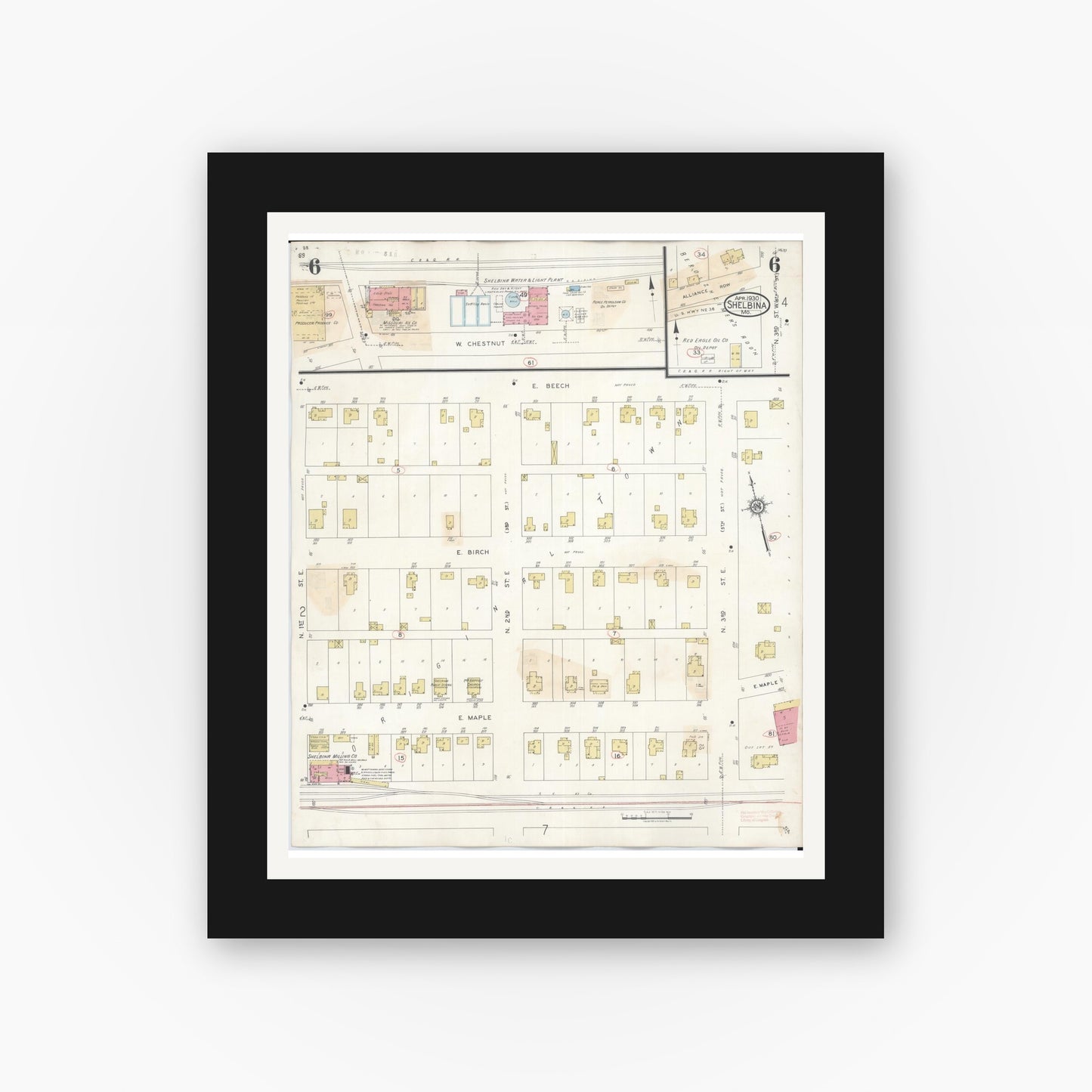 Old map wall art mockup — black gallery frame with white mat — Sanborn Fire Insurance Map from Shelbina, Shelby County, Missouri (1943), Sheet #0006