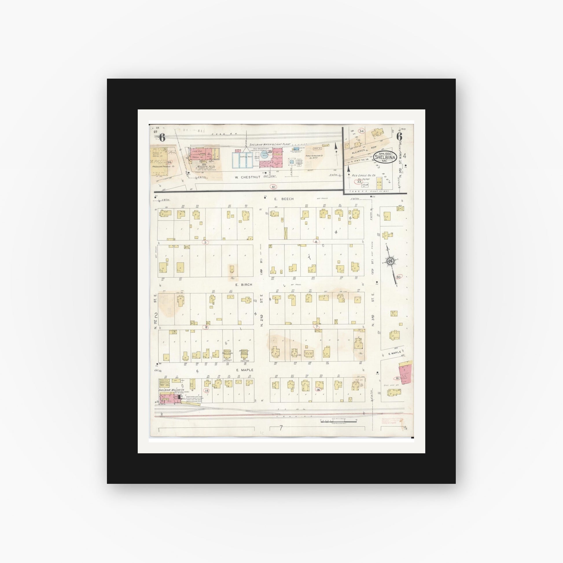 Old map wall art mockup — black gallery frame with white mat — Sanborn Fire Insurance Map from Shelbina, Shelby County, Missouri (1943), Sheet #0006