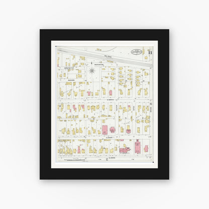 Old map wall art mockup — black gallery frame with white mat — Sanborn Fire Insurance Map from Jacksonville, Morgan County, Illinois (1899), Sheet #0011