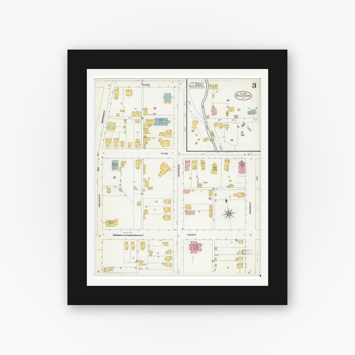 Old map wall art mockup — black gallery frame with white mat — Sanborn Fire Insurance Map from Belvidere, Warren County, New Jersey (1903), Sheet #0003