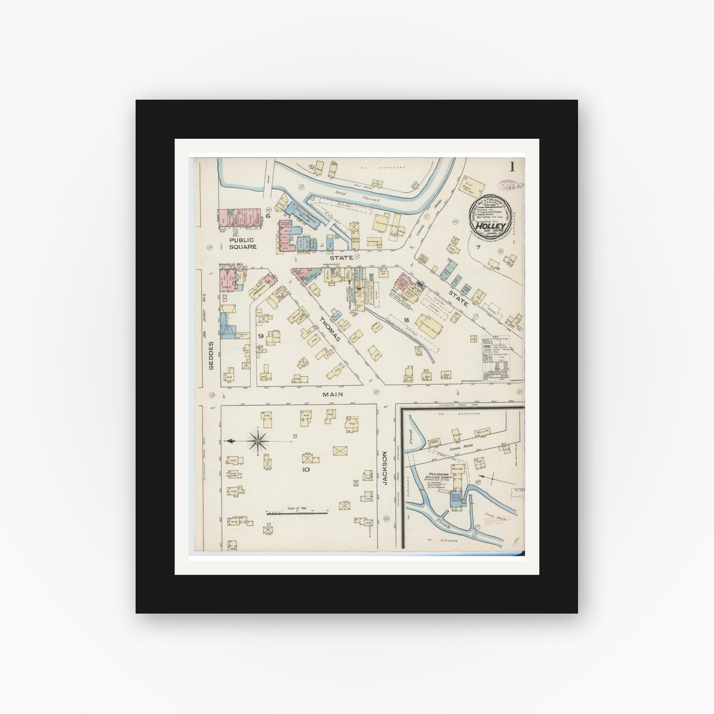 Old map wall art mockup — black gallery frame with white mat — Sanborn Fire Insurance Map from Holley, Orleans County, New York (1885), Sheet #0001