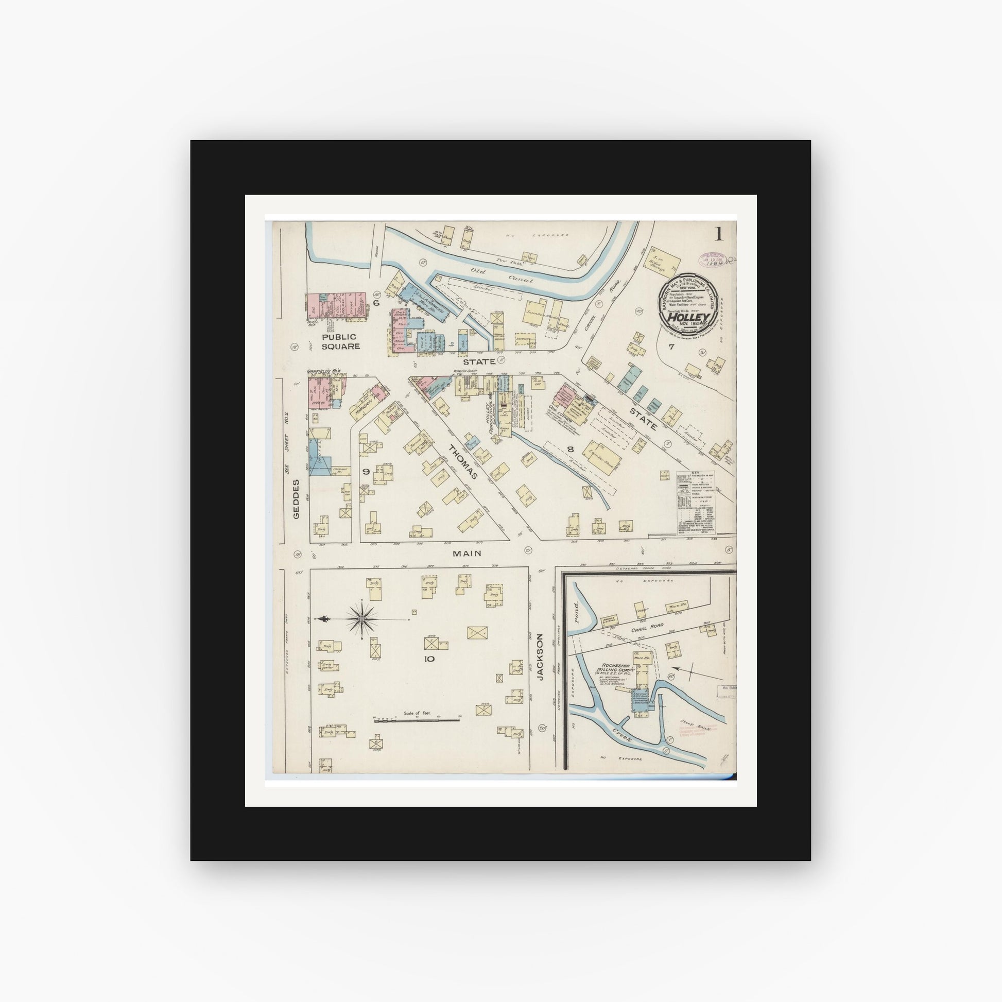 Old map wall art mockup — black gallery frame with white mat — Sanborn Fire Insurance Map from Holley, Orleans County, New York (1885), Sheet #0001