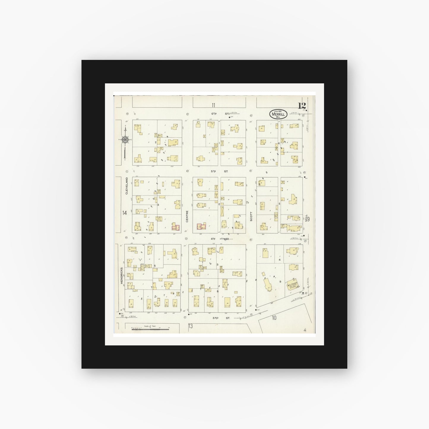 Old map wall art mockup — black gallery frame with white mat — Sanborn Fire Insurance Map from Merrill, Lincoln County, Wisconsin (1913), Sheet #0012