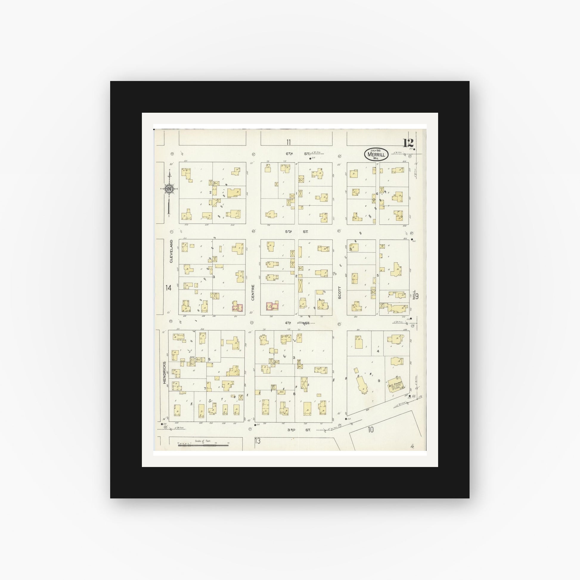Old map wall art mockup — black gallery frame with white mat — Sanborn Fire Insurance Map from Merrill, Lincoln County, Wisconsin (1913), Sheet #0012
