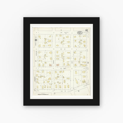 Old map wall art mockup — black gallery frame with white mat — Sanborn Fire Insurance Map from Merrill, Lincoln County, Wisconsin (1913), Sheet #0012