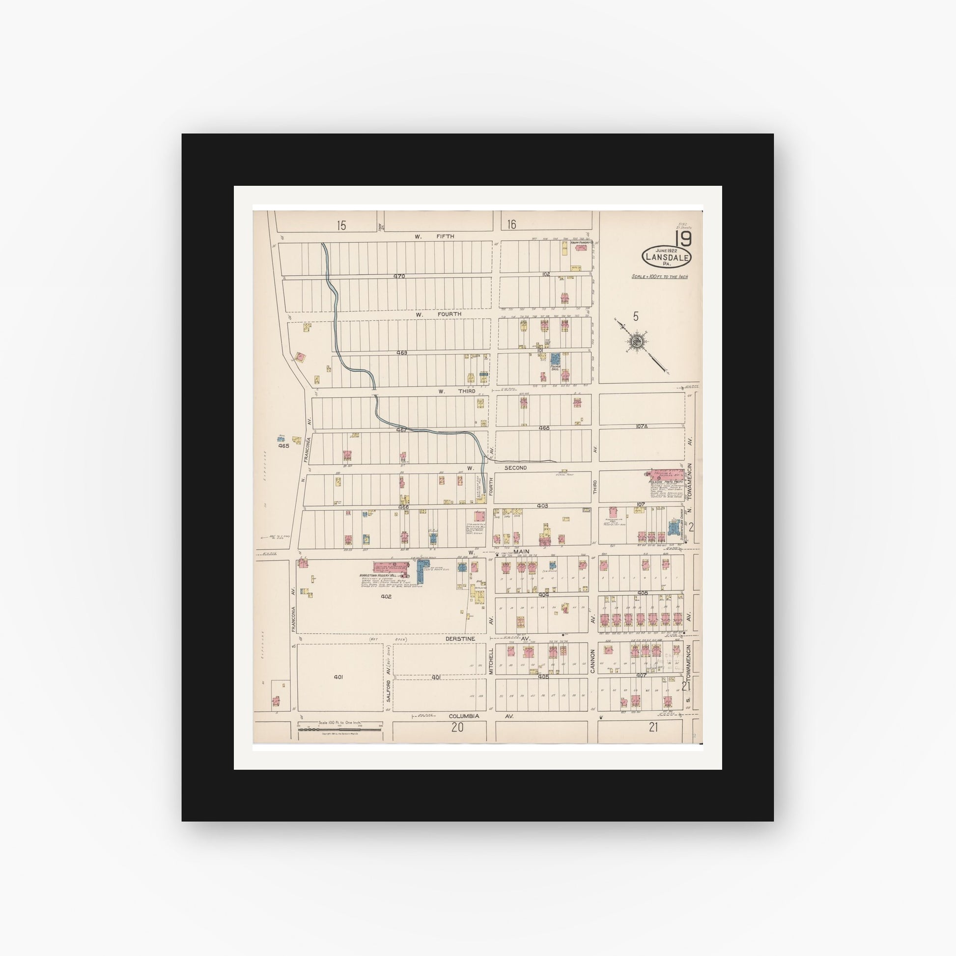 Old map wall art mockup — black gallery frame with white mat — Sanborn Fire Insurance Map from Lansdale, Montgomery County, Pennsylvania (1922), Sheet #0019