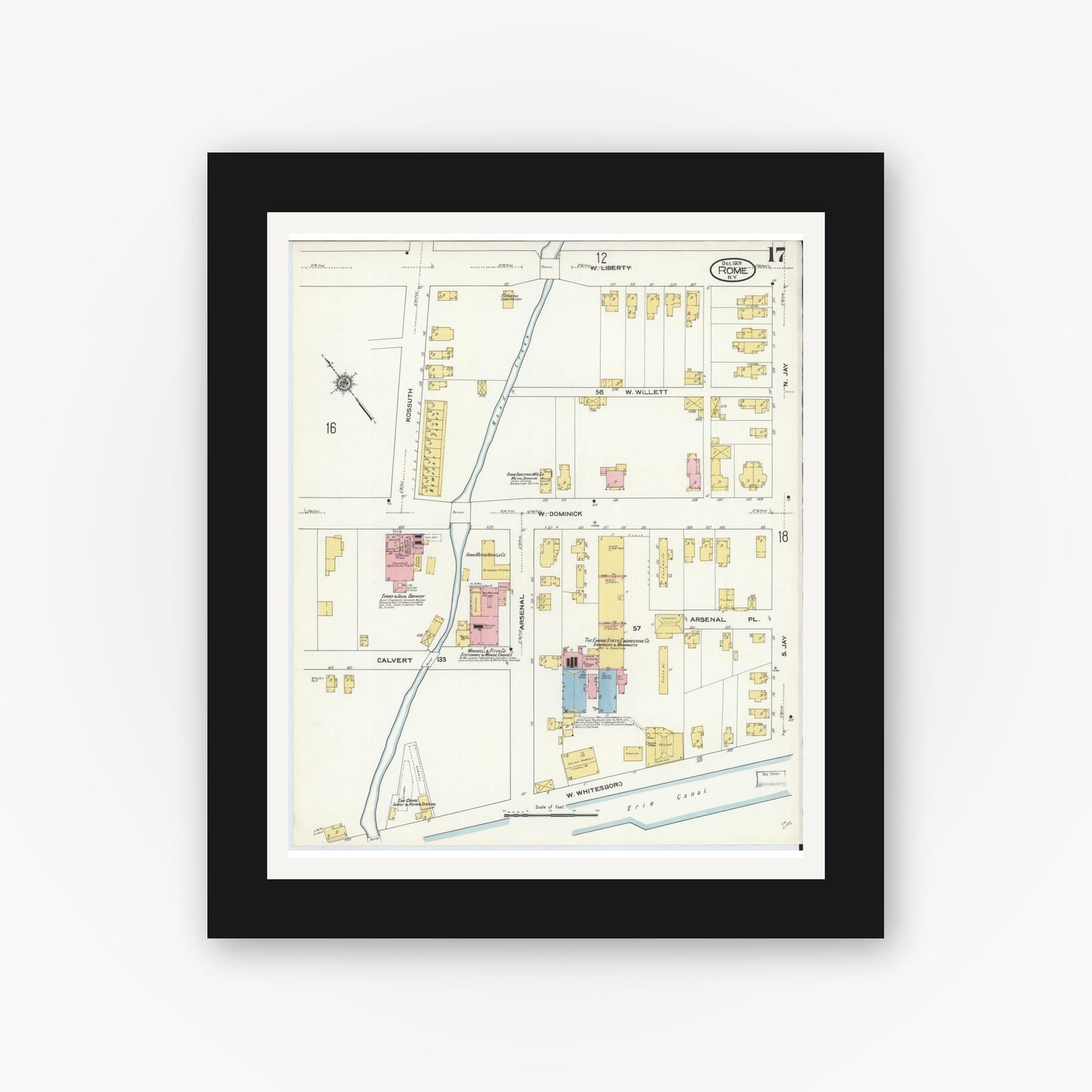 Old map wall art mockup — black gallery frame with white mat — Sanborn Fire Insurance Map from Rome, Oneida County, New York (1909), Sheet #0017